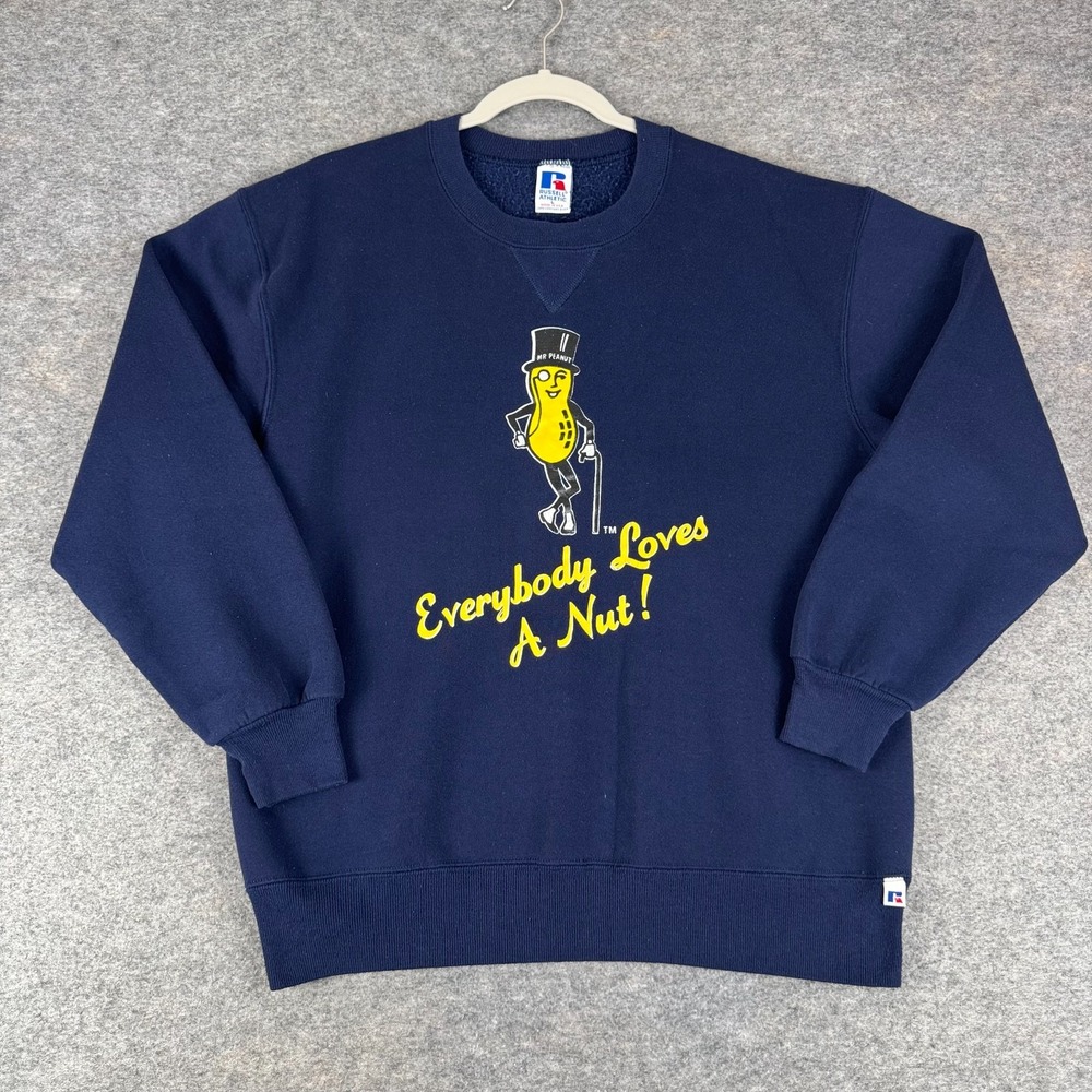 Vintage 90s Russell Athletic Mr Peanut Sweatshirt USA Made Blue Mens Large L